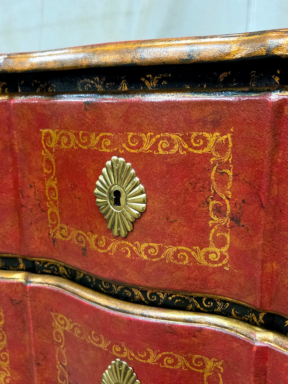 Vintage Theodore Alexander Red Leather Wrapped Serpentine Chest of Drawers
