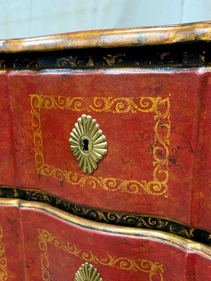 Vintage Theodore Alexander Red Leather Wrapped Serpentine Chest of Drawers