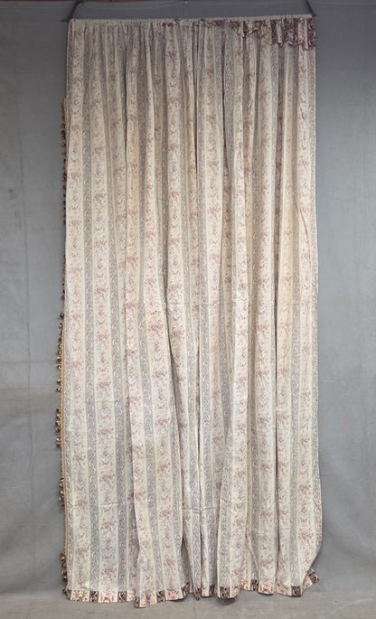 Antique 1920s French Cotton Curtain Panel, Pink and Brown Stripe With Florals