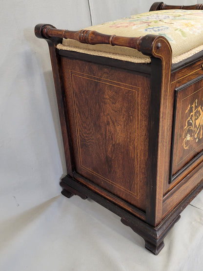 Antique English Edwardian Mahogany Inlay and Needelpoint Piano Stool