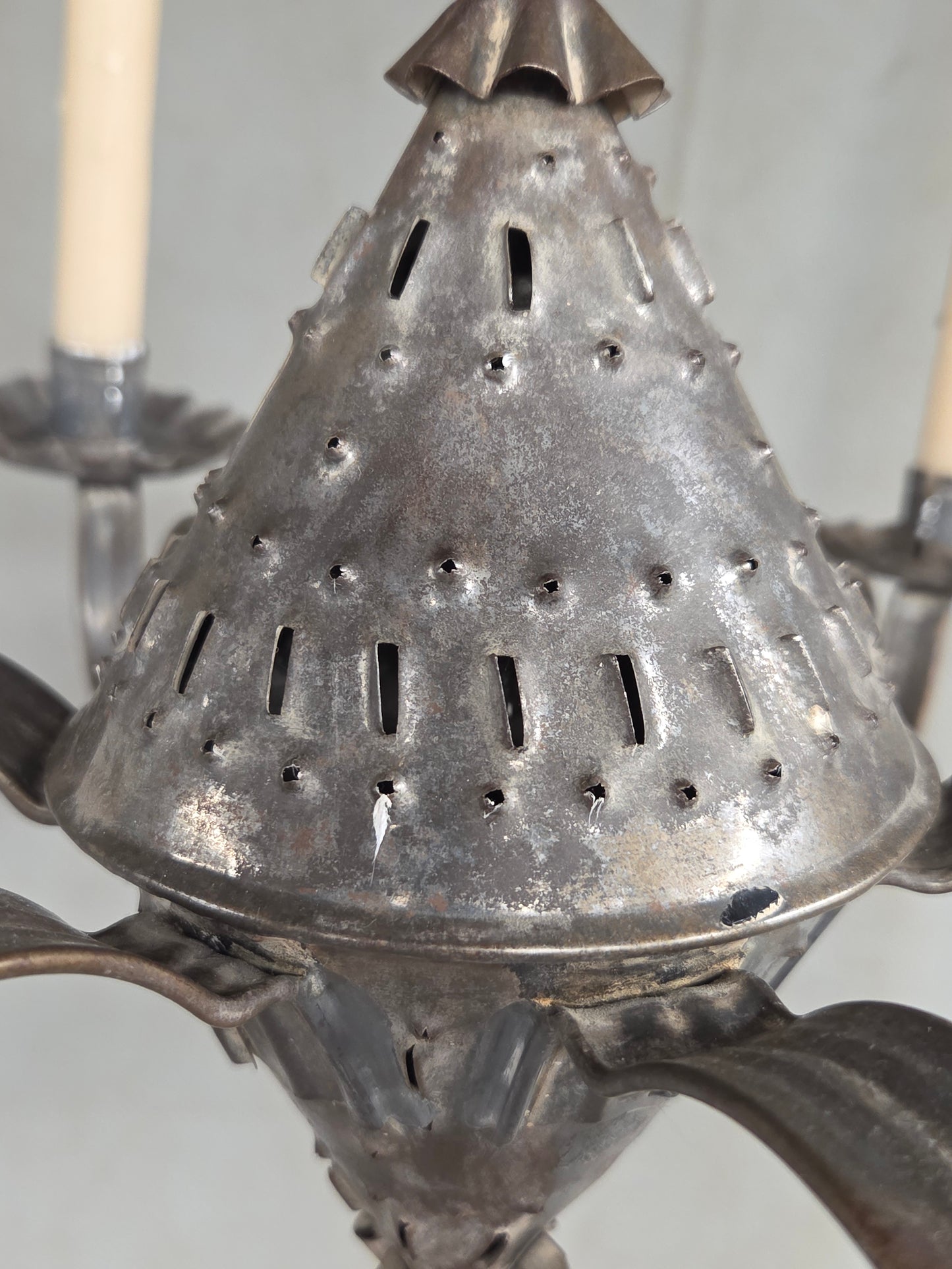 Antique Punched Tin Six-Arm Candle Chandelier, New Mexico, Spanish Colonial style
