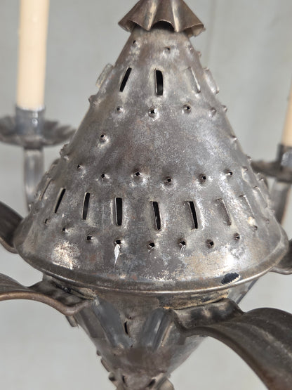 Antique Punched Tin Six-Arm Candle Chandelier, New Mexico, Spanish Colonial style