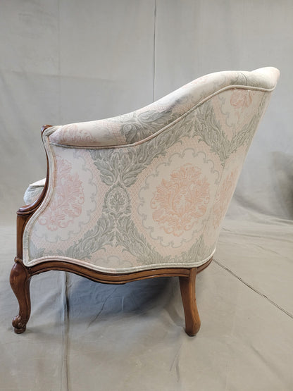 Vintage Damask French Style Camelback Loveseat With Down Cushion and Blush / Sage Upholstery