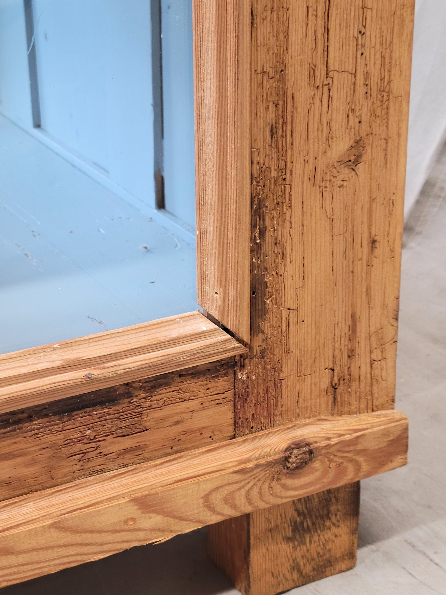 Antique German Pine Display Cabinet With Painted Blue Interior
