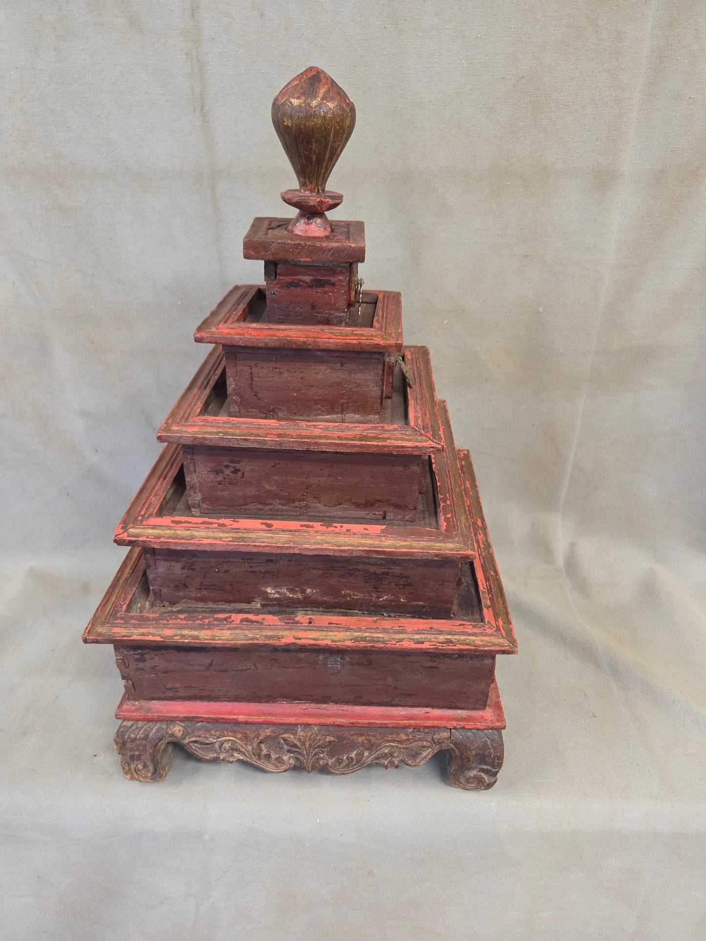 Vintage Sumatra, Indonesia Lacquer Pyramid Shaped Jewelry Box with Five Drawers