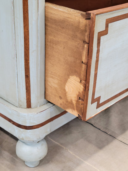 Antique English Blue Painted Dresser With Mahogany Pulls Inset With Mother-of-Pearl