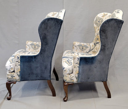 Vintage Woodmark Mary Webb Wood Blue "Tree of Life" Wingback Chairs - a Pair