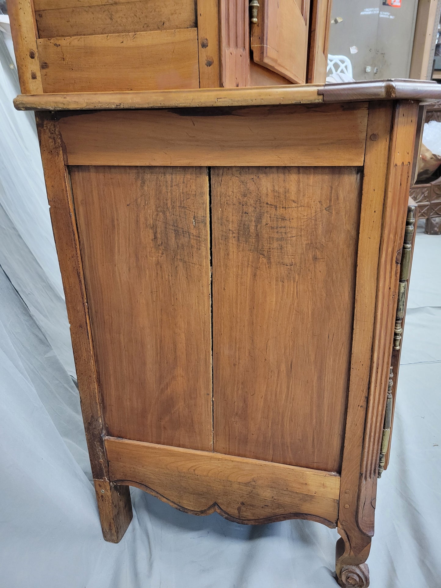 Antique French Louis XV 18th Century Deux Corps Cherry Buffet With Toile Interior