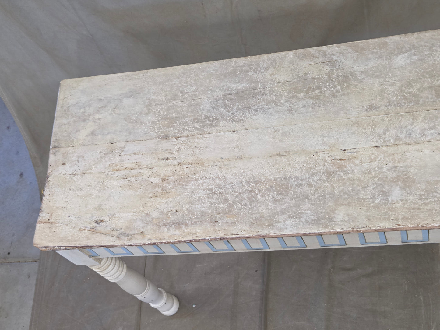 Antique French Rustic Painted Pine Console Table with Greek Key Motif