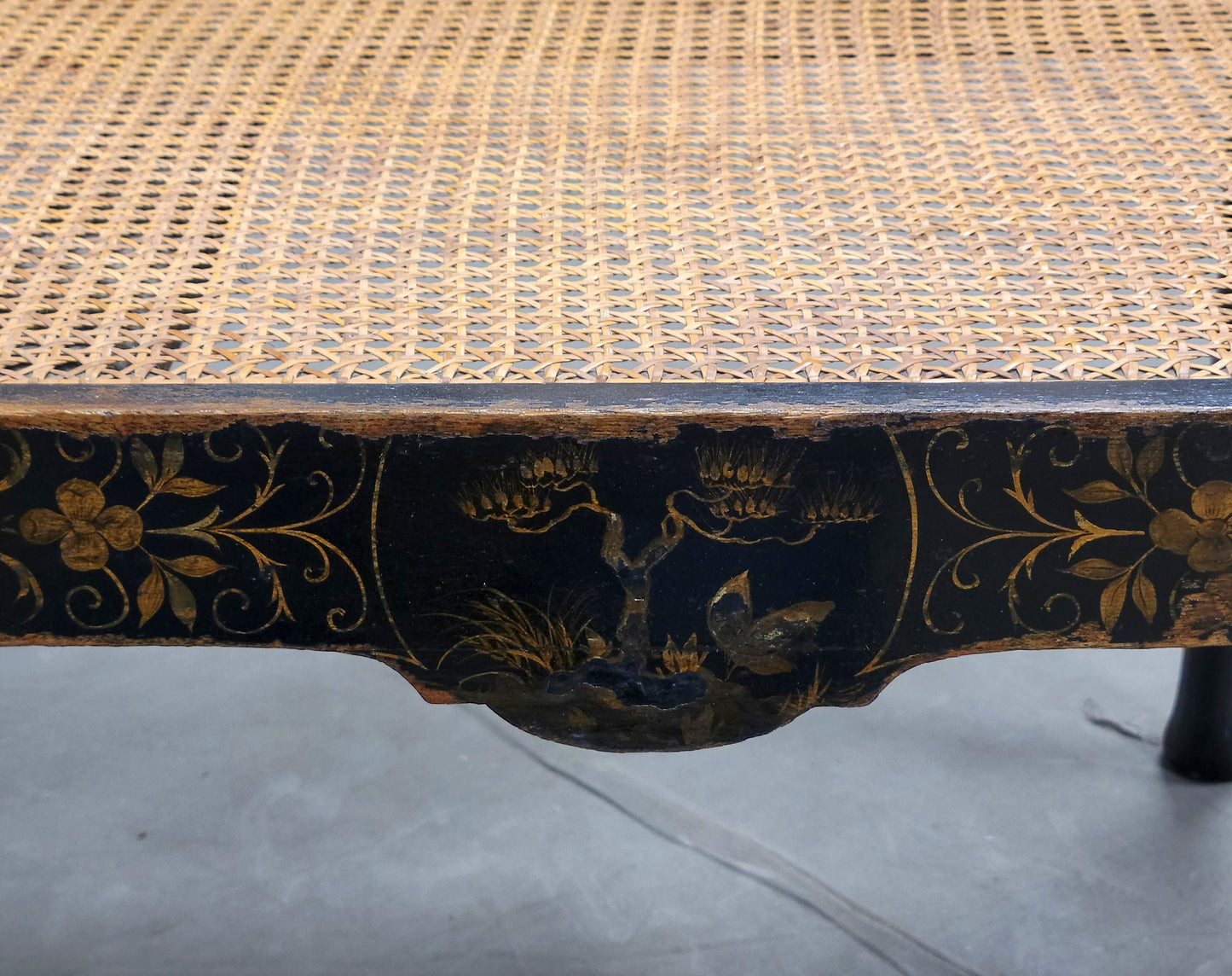 Antique 19th Century English Chinoiserie Lacquer and Cane Chair Back Settee