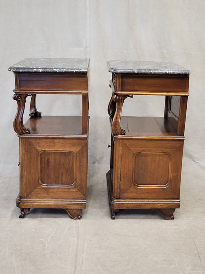 Antique Austrian Walnut and Black Marble Top Nightstands - a Pair
