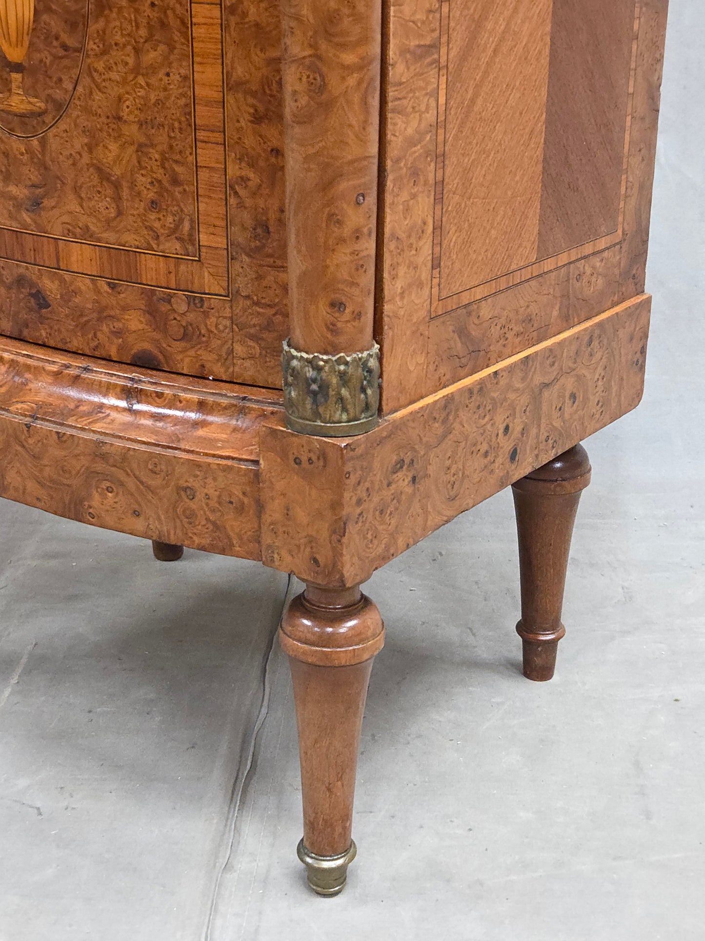 Antique French Art Nouveau Burl Marble Marquetry Nightstand With Bronze Ormolu