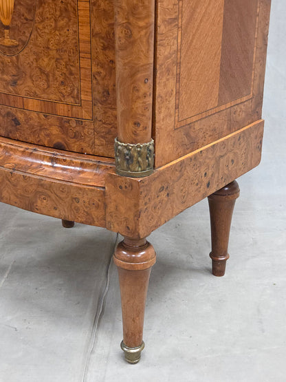 Antique French Art Nouveau Burl Marble Marquetry Nightstand With Bronze Ormolu