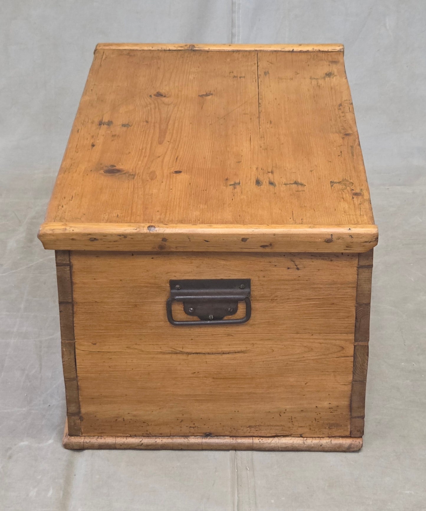 Antique German Natural Pine Storage Trunk with Original Iron Key