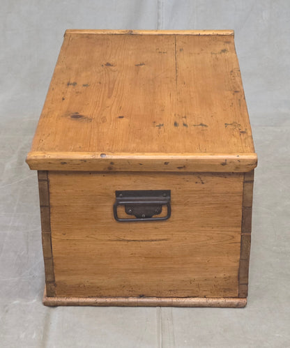 Antique German Natural Pine Storage Trunk with Original Iron Key