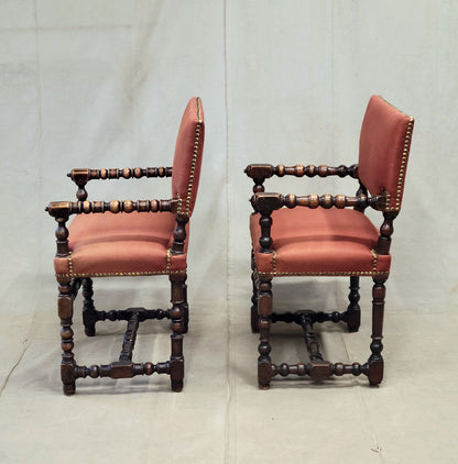 Antique European Renaissance Revival Chairs with Terracotta Linen Upholstery - a pair