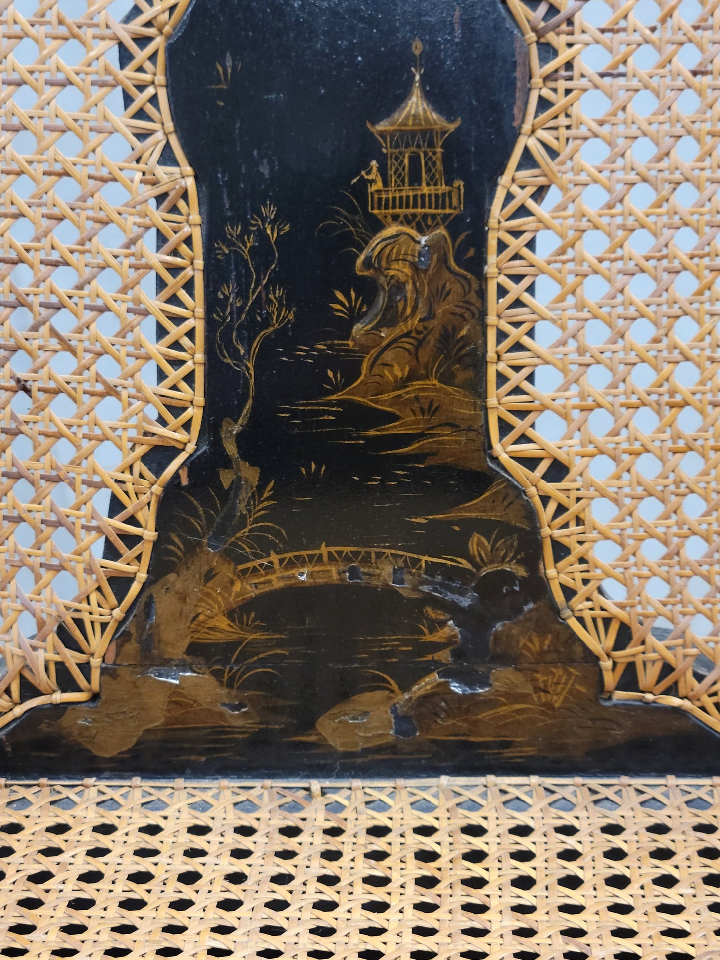 Antique 19th Century English Chinoiserie Lacquer and Cane Chair Back Settee