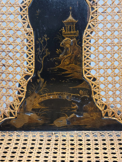 Antique 19th Century English Chinoiserie Lacquer and Cane Chair Back Settee