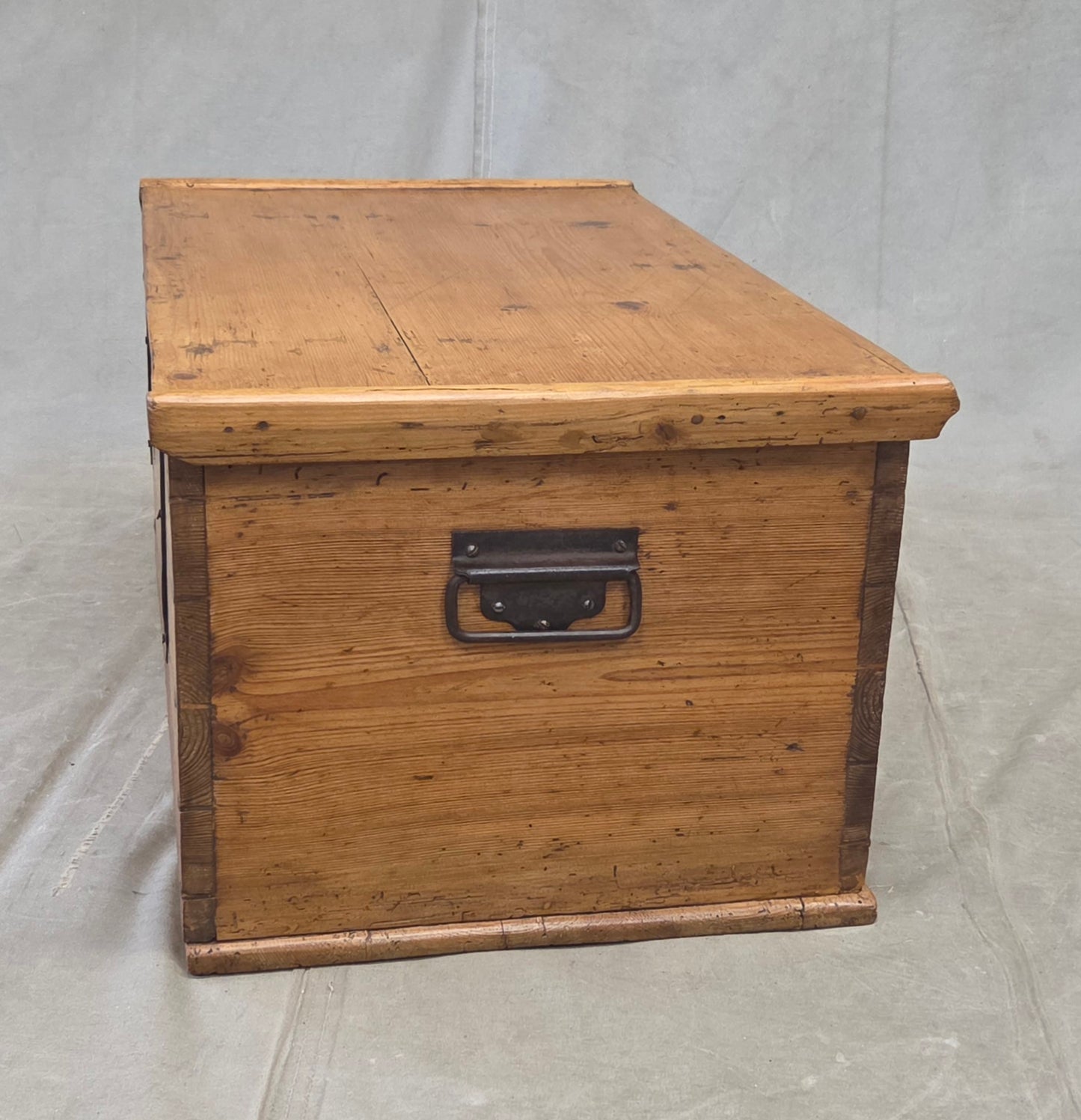 Antique German Natural Pine Storage Trunk with Original Iron Key