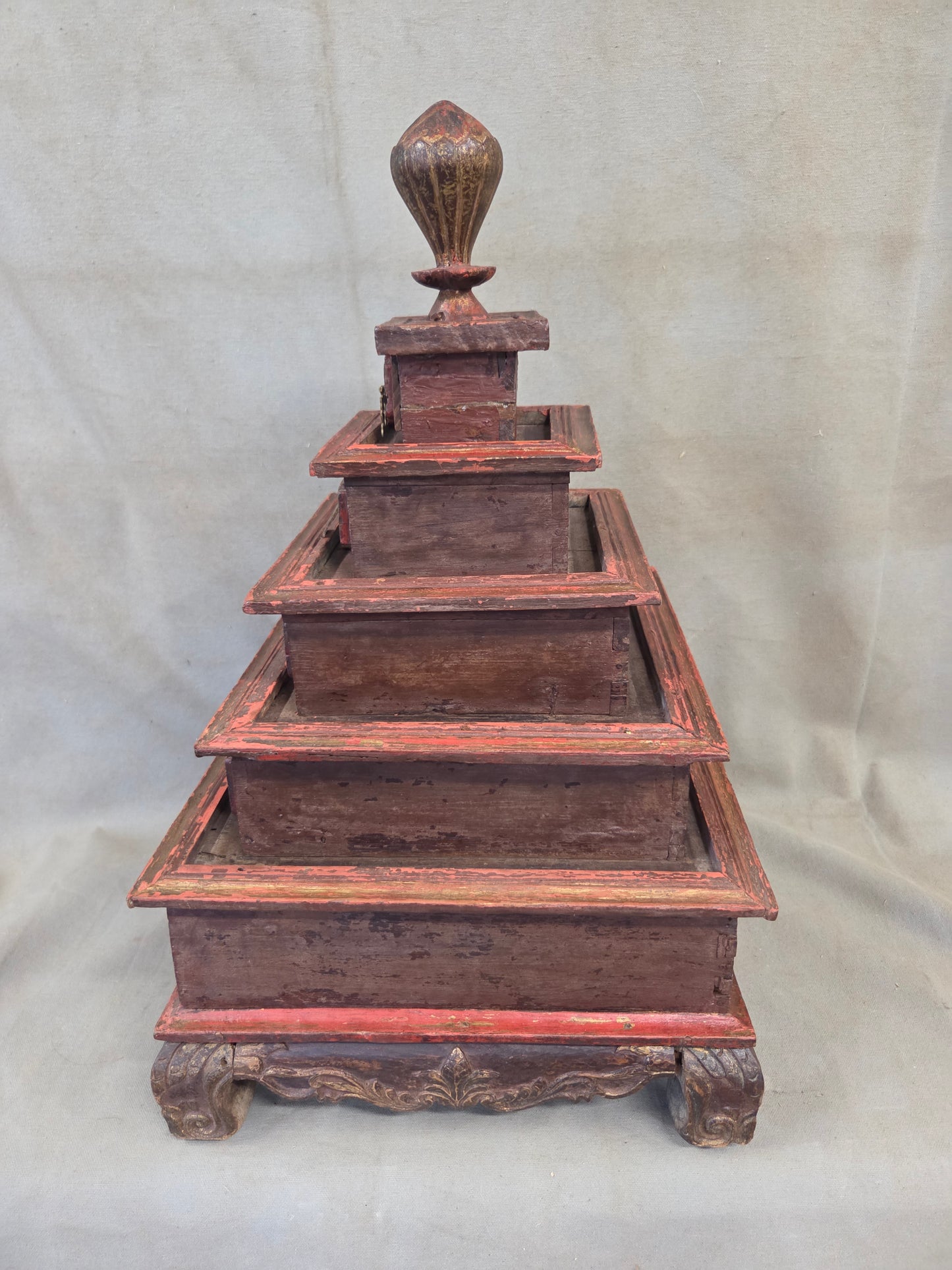 Vintage Sumatra, Indonesia Lacquer Pyramid Shaped Jewelry Box with Five Drawers