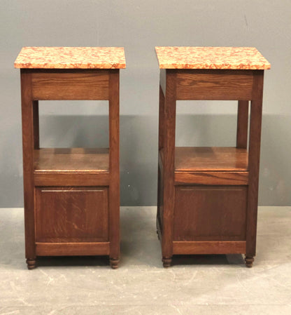 Antique European Oak and Italian Marble Pot Cupboards Nightstands - a Pair