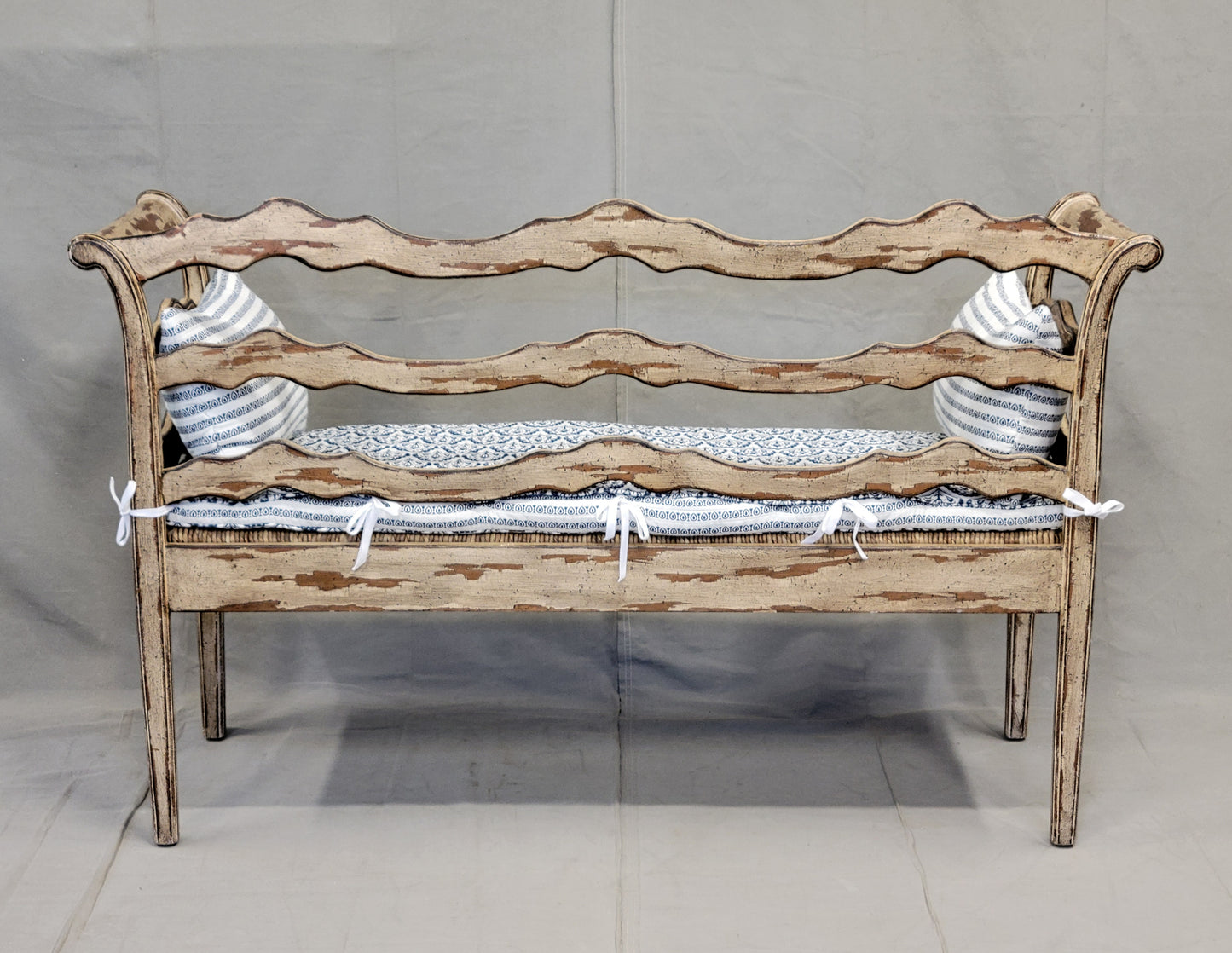 Vintage French Country Carved Wood Bench With Rush Seat and New Cushions