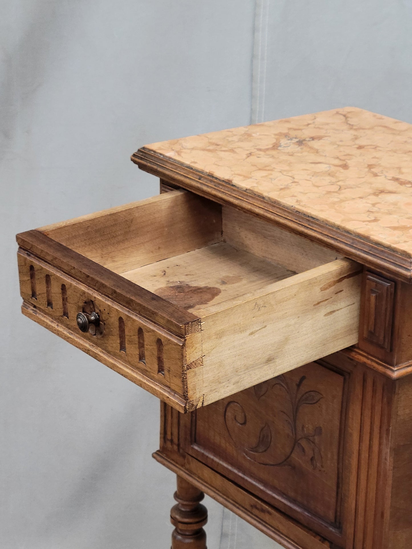 Antique French or Belgian Walnut Nightstands With Italian Marble - A Near Pair