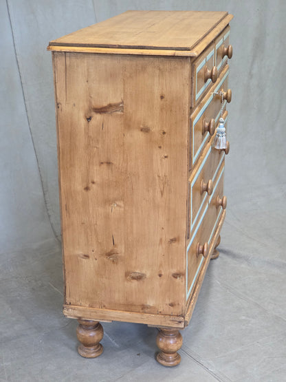 Antique English Edwardian Natural Pine Chest of Drawers with Blue French Line