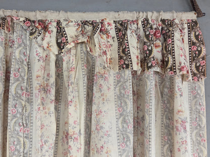 Antique 1920s French Cotton Curtain Panel, Pink and Brown Stripe With Florals