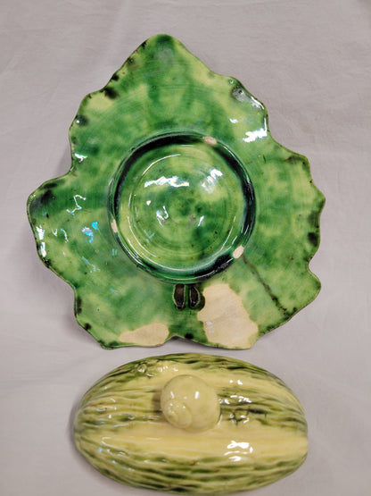 Antique Majolica Melon on Leaf Dish in the Style of Sarreguemines