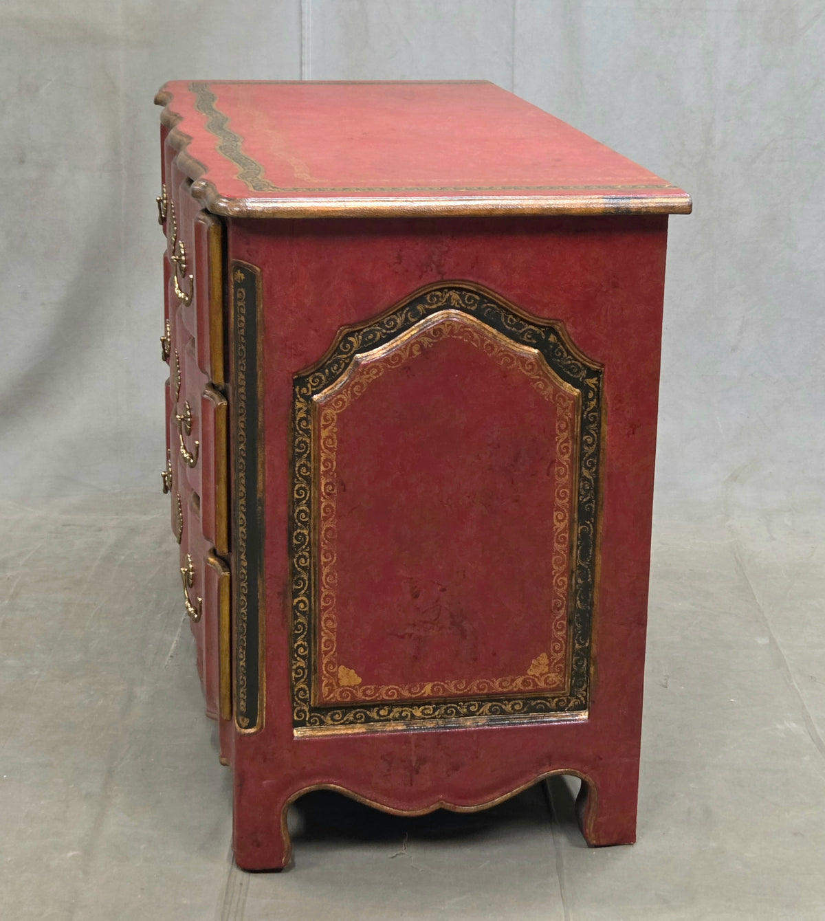 Vintage Theodore Alexander Red Leather Wrapped Serpentine Chest of Drawers