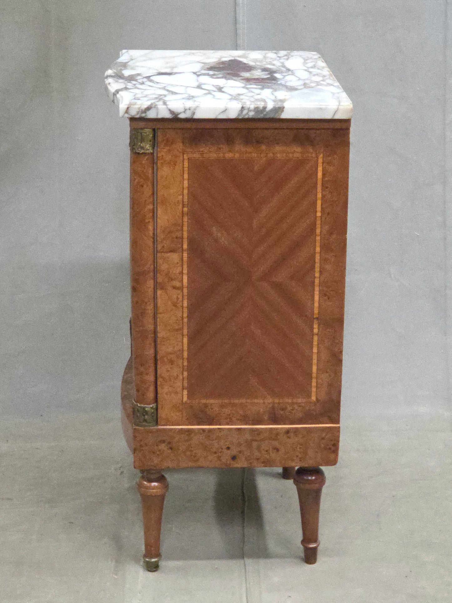 Antique French Art Nouveau Burl Marble Marquetry Nightstand With Bronze Ormolu