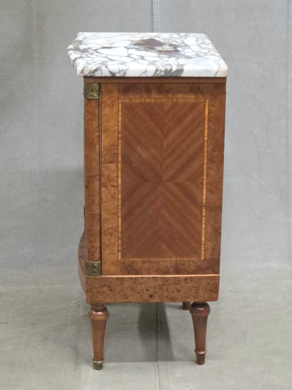 Antique French Art Nouveau Burl Marble Marquetry Nightstand With Bronze Ormolu