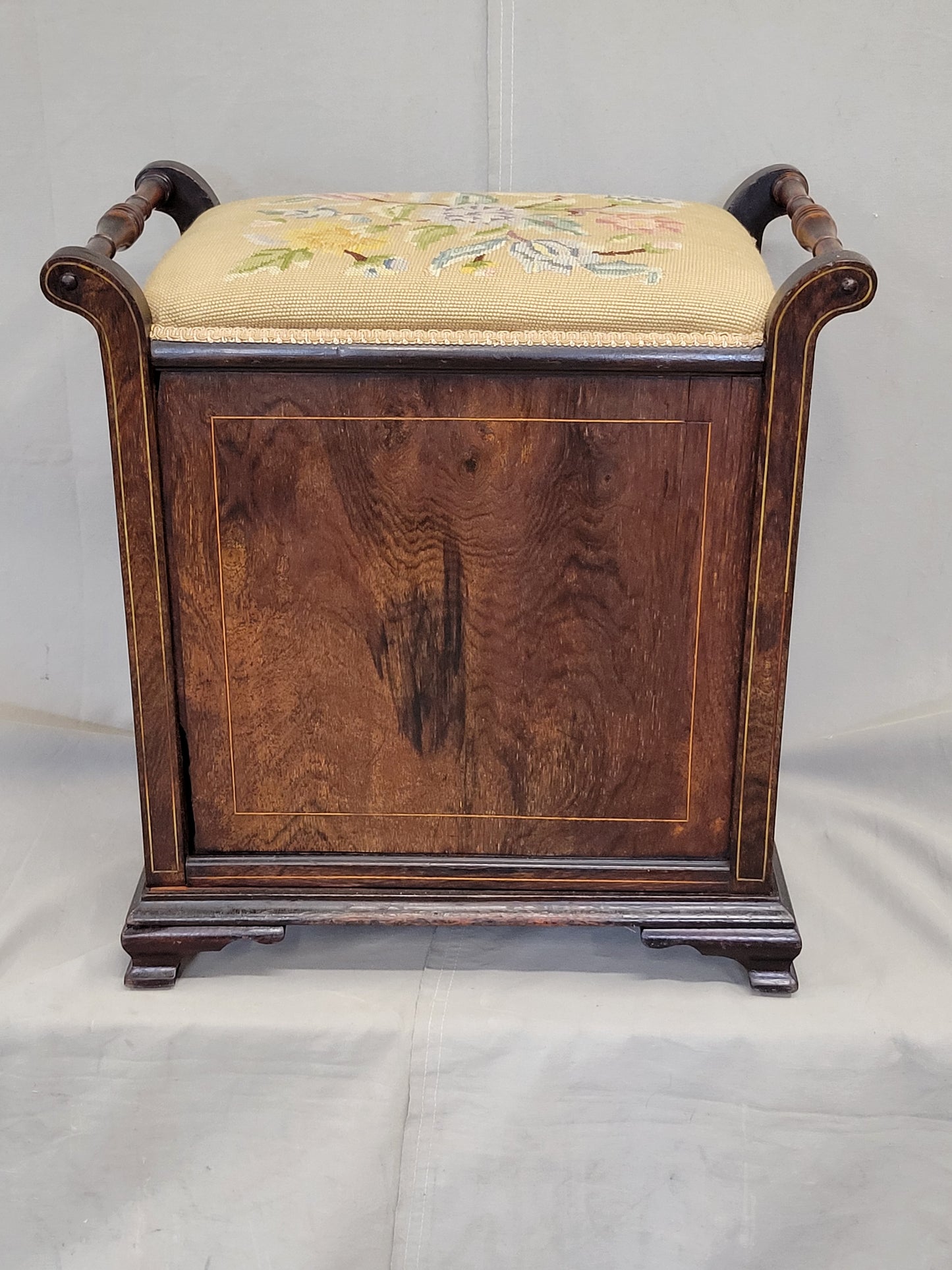 Antique English Edwardian Mahogany Inlay and Needelpoint Piano Stool