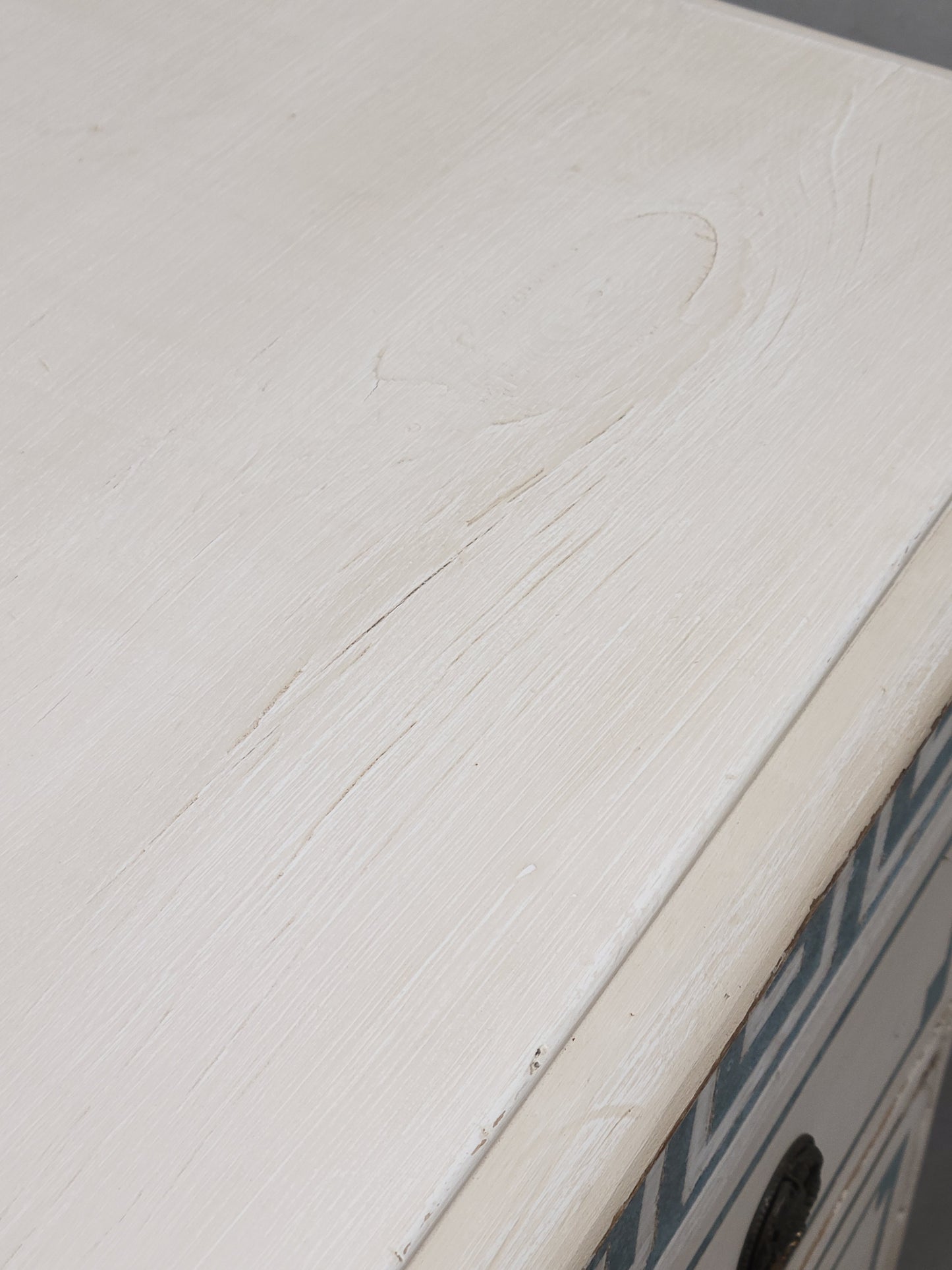 Antique English Pine Painted Dresser Chest of Drawers with Greek Key Motif