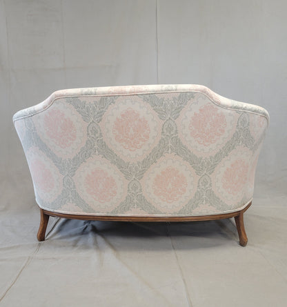 Vintage Damask French Style Camelback Loveseat With Down Cushion and Blush / Sage Upholstery