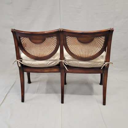 Vintage Theodore Alexander Regency Caned Mahogany Settee With Silk/Velveteen Down Cushion