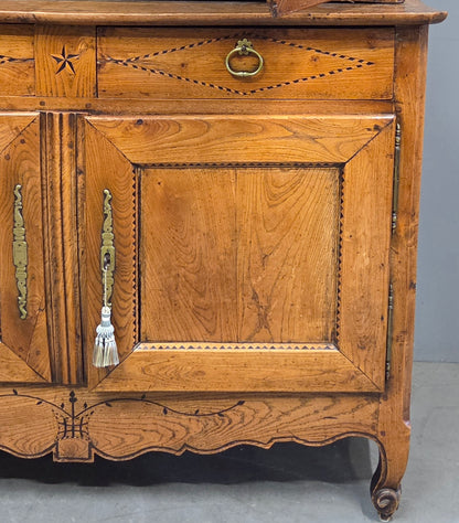 Antique French Elm Deux Corps Buffet Cabinet With Inlay and Fitted Interior