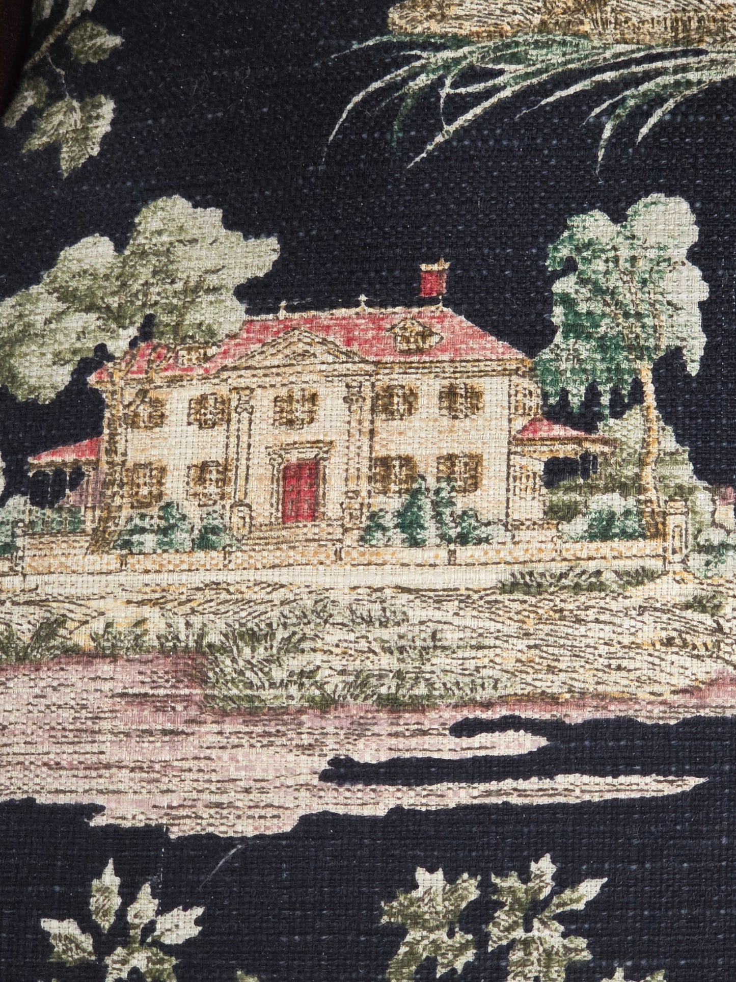 Pair of Vintage Queen Anne Chairs and Ottoman with Black Toile Upholstery