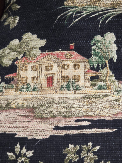 Pair of Vintage Queen Anne Chairs and Ottoman with Black Toile Upholstery