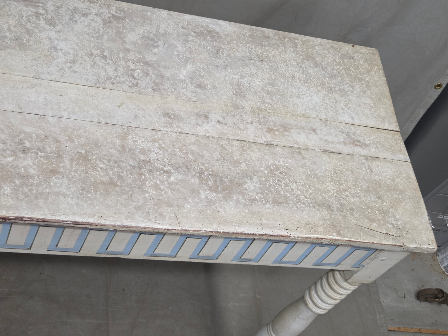 Antique French Rustic Painted Pine Console Table with Greek Key Motif