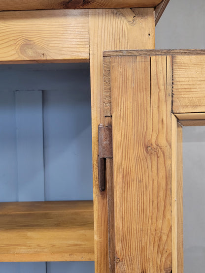Antique German Pine Display Cabinet With Painted Blue Interior