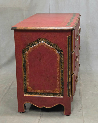 Vintage Theodore Alexander Red Leather Wrapped Serpentine Chest of Drawers