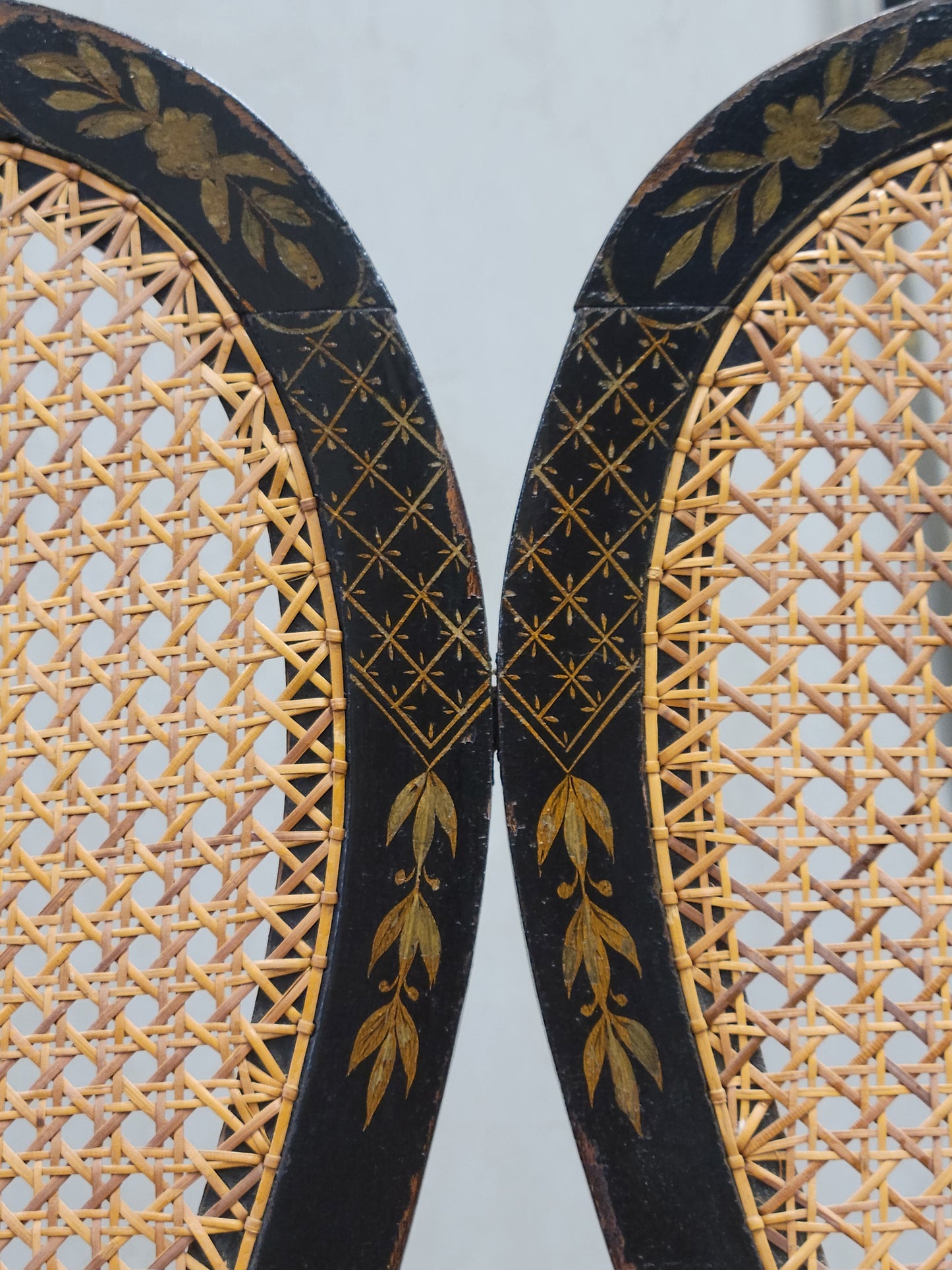 Antique 19th Century English Chinoiserie Lacquer and Cane Chair Back Settee