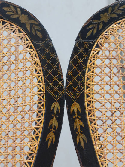 Antique 19th Century English Chinoiserie Lacquer and Cane Chair Back Settee