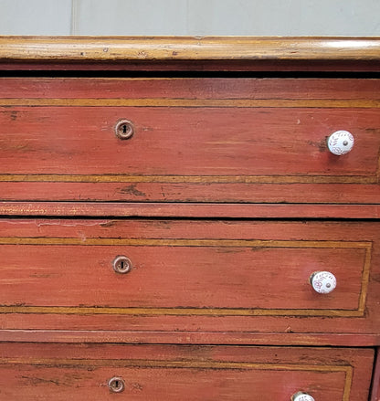 Antique European Pine Dresser With Red Distressed Paint and French Line Motif