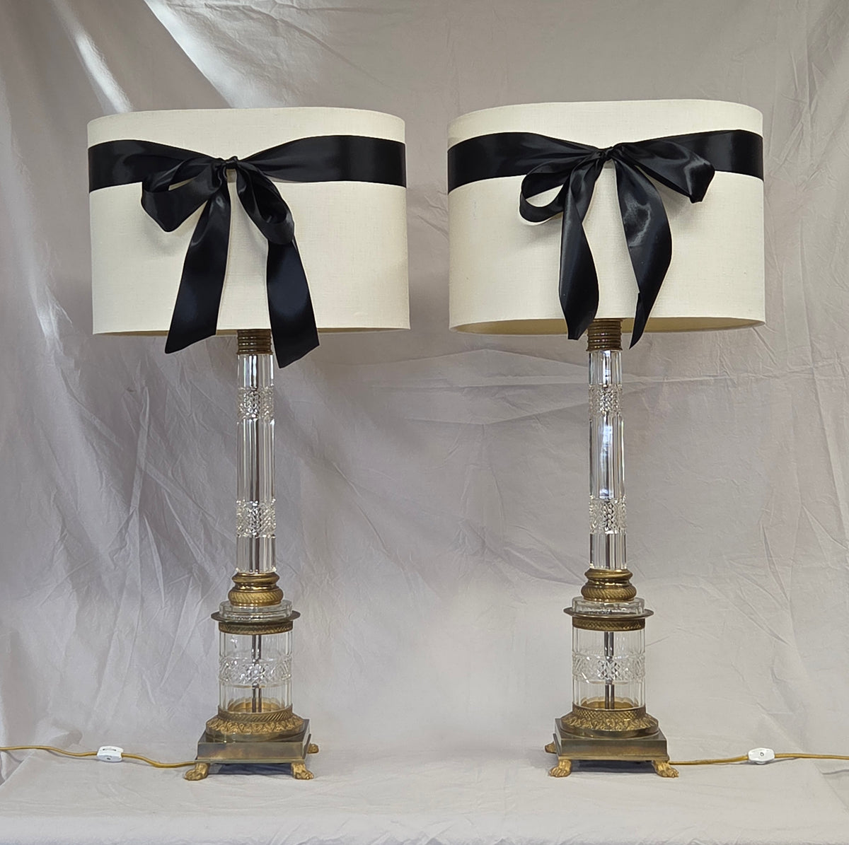 Vintage Crystal and Brass Column Table Lamps - Style of William Kessler Baccarat