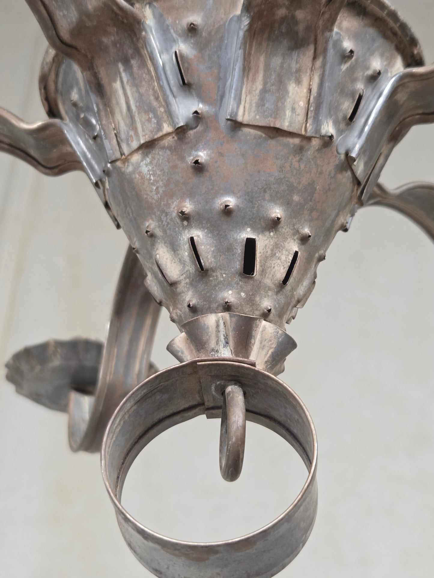 Antique Punched Tin Six-Arm Candle Chandelier, New Mexico, Spanish Colonial style