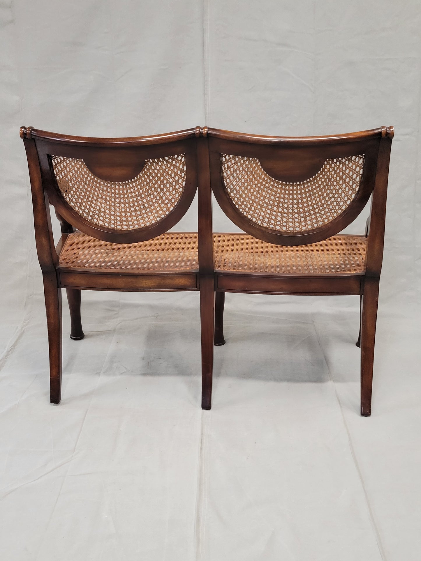 Vintage Theodore Alexander Regency Caned Mahogany Settee With Silk/Velveteen Down Cushion