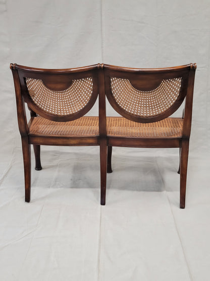 Vintage Theodore Alexander Regency Caned Mahogany Settee With Silk/Velveteen Down Cushion